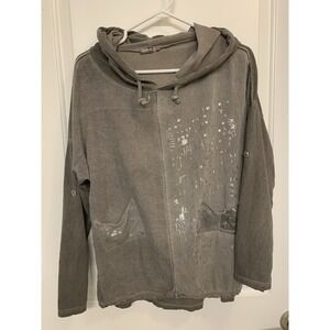 Italian Boutique Lagenlook Drop Sleeve Graphic Silver Print Hooded Top Roll Tab
